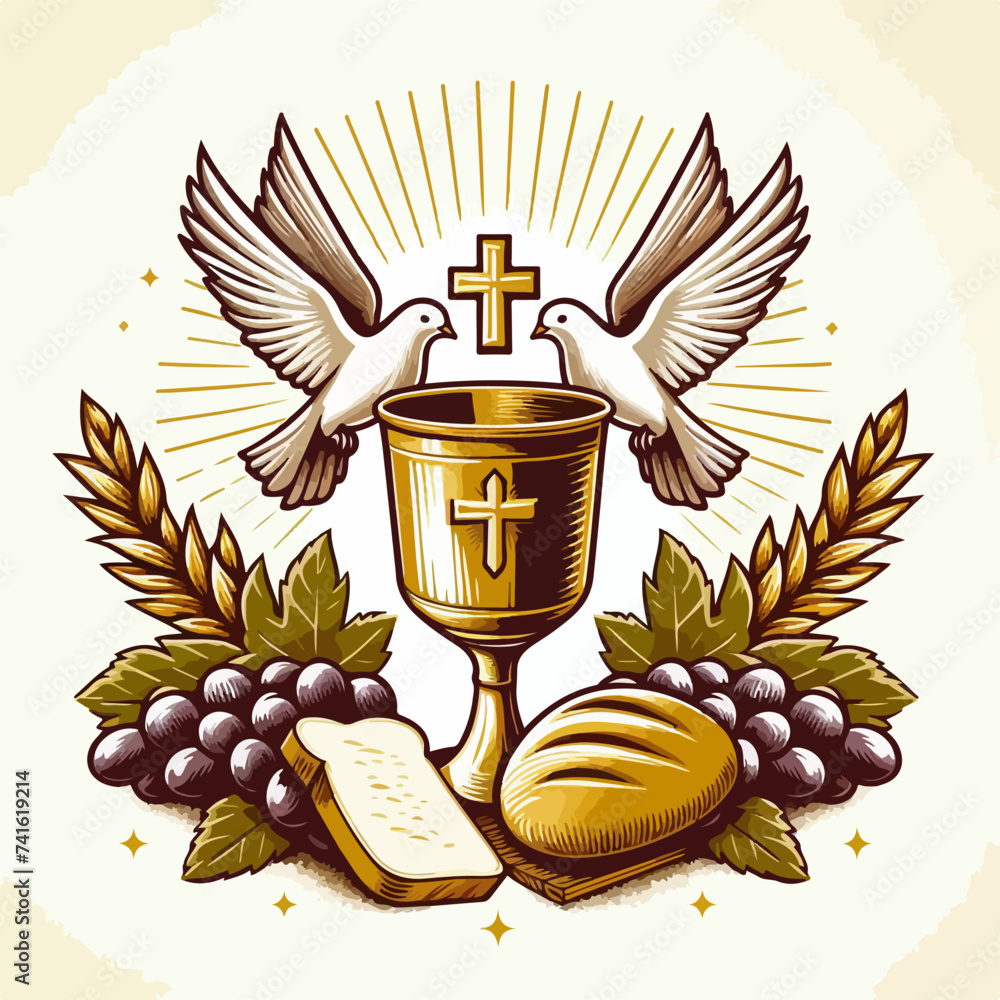 eucharist Chalice and host with wheat ears wreath and grapes