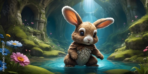 A terrestrial animal, a rabbit, stands happily in a cave next to a river. Its snout twitches as it admires the beautiful landscape, creating an artful scene © video rost