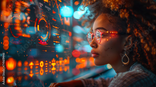 A woman's face illuminated by the glow of a computer screen at night, framed by her glasses and draped in the shadows of her clothing, captures the solitary and contemplative nature of our digital ag