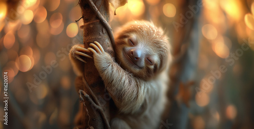 lion in the zoo, Adorable Three-toed Sloth Hanging Upside Down Warm hearts with the endearing sight of a three-toed sloth hanging upside down from a tree branch, its sleepy expression and slow movemen