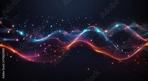 Particle wave. Waves with connecting dots and lines on a dark background