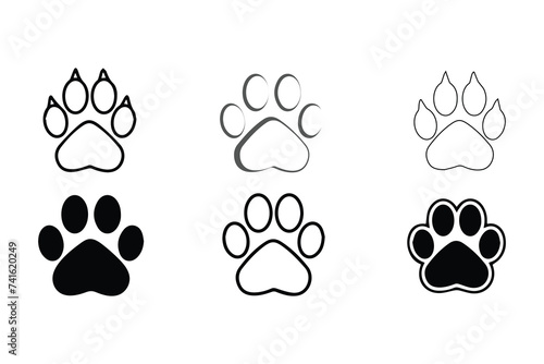 Set of animal paw print. Dog or cat footprint vector icon illustration Paw prints. Vector paw. Dog, puppy, cat, bear, wolf. Legs. Foot prints.