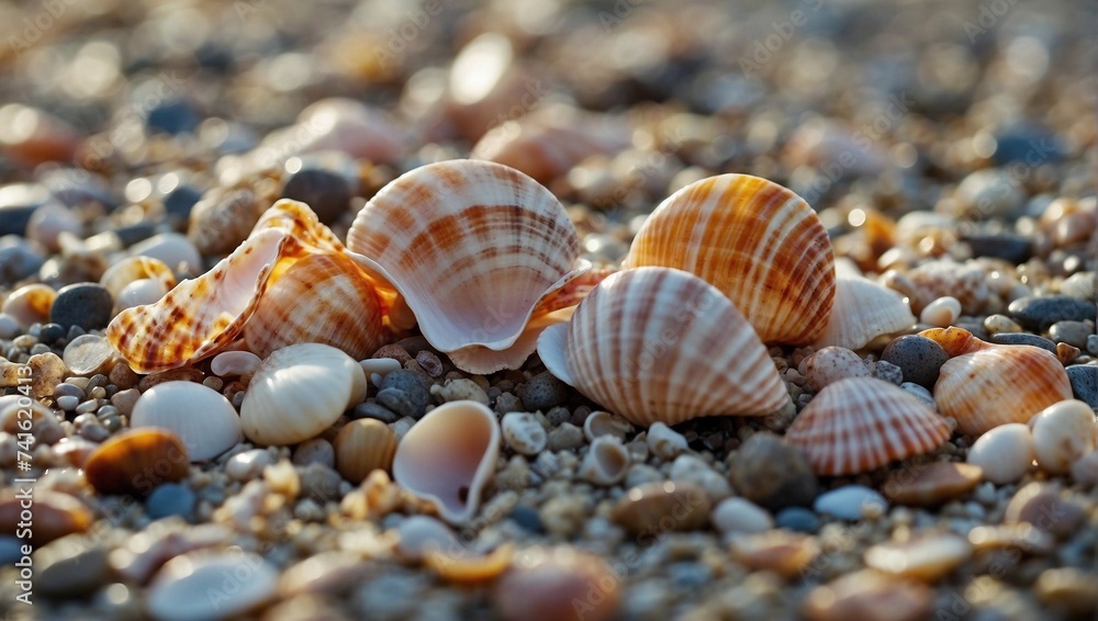 Seashells on the beach, sunset and peach shades