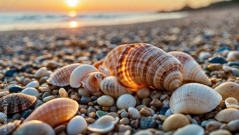 Seashells on the beach, sunset and peach shades Seashells on the beach, sunset and peach shades