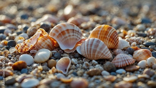 Seashells on the beach, sunset and peach shades © alexx_60