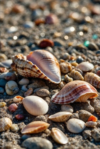 Seashells on the beach, sunset and peach shades