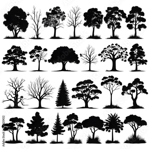 Set of silhouettes of trees  bushes and grass 