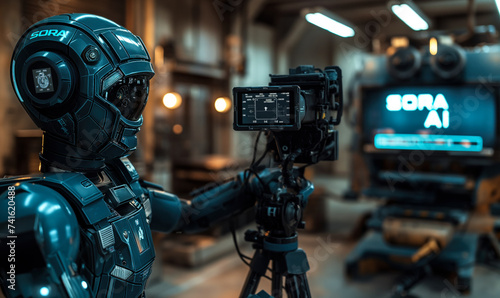 Advanced Humanoid Robot Filmmaker Demonstrating Sora Text-to-Video AI Model in a High-Tech Videography Studio Setting with Camera Equipment photo