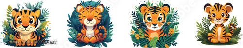 cute baby Tiger Stripes in Jungle Scene illustration, tiger print jungle logo, playful mascot cartoon collection photo