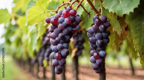 Purple Appetizing ripe grapes during harvest. Farm field Background , outdoor well maintained agriculture field