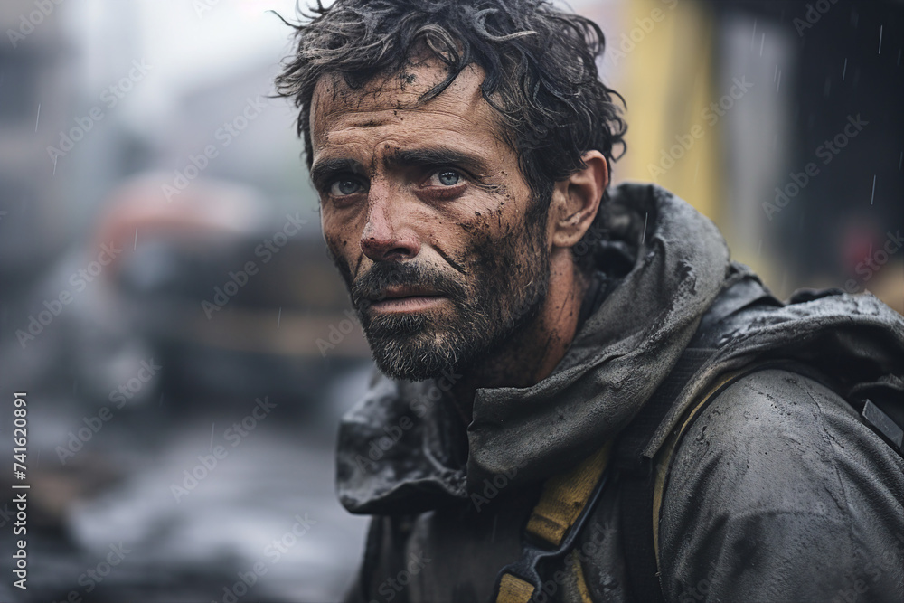 AI generated image photo of a professional rescuer against ruined city damaged buildings background AI generated image photo of a professional rescuer against ruined city damaged buildings background