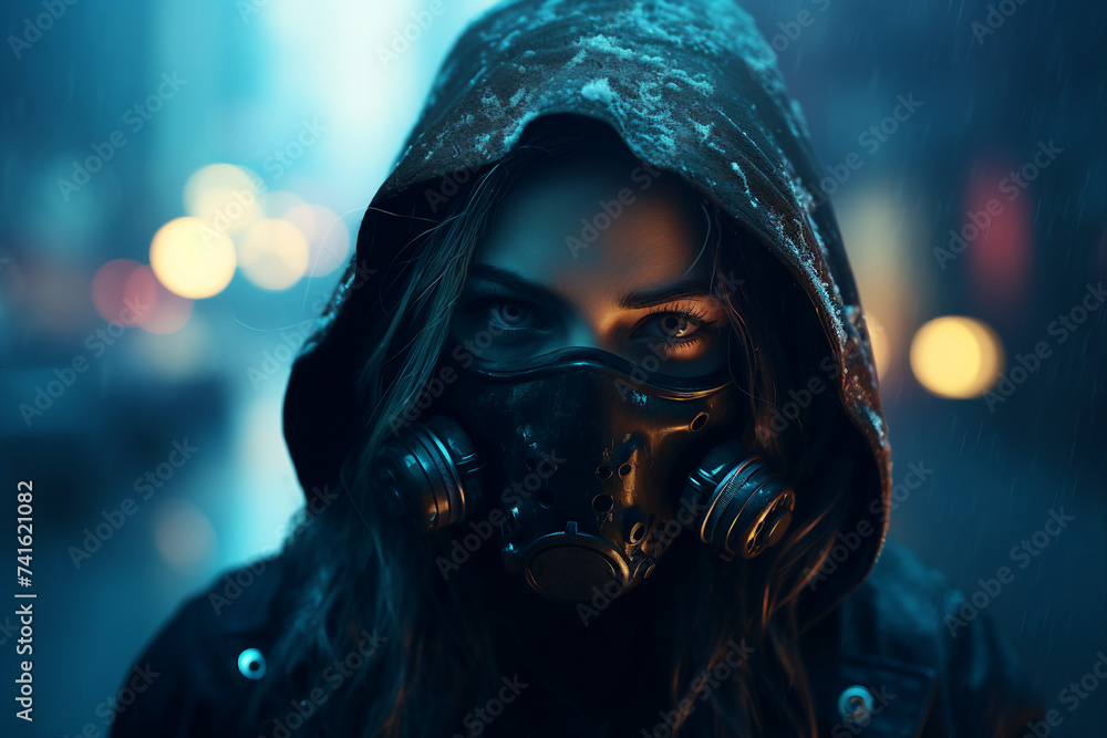 Generative AI picture of woman in cyberpunk city at night with neon lights Generative AI picture of woman in cyberpunk city at night with neon lights