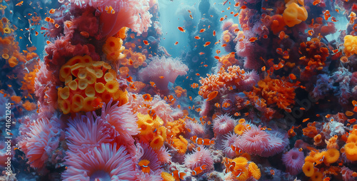 red and yellow, Colorful Coral Reef Teeming with Life Transport your audience to a vibrant underwater world with an image of a coral reef bustling with colorful fish, swaying sea anemones, and intrica
