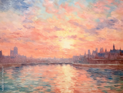 A scenic painting depicting a colorful sunset casting a warm glow over a tranquil body of water, creating a stunning reflection.