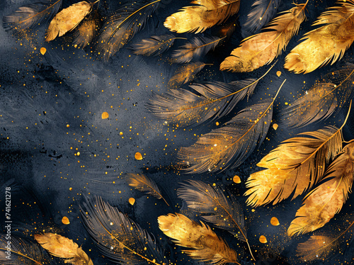 black and gold leaves on the screen, in the style of detailed feather rendering, romantic illustrations, photorealistic compositions, tropical symbolism, dark gray and bronze, poster, poetic elegance © Welle Photos