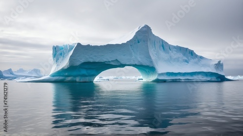 Arch shaped iceberg floating in the cold vast sea from Generative AI © Arceli