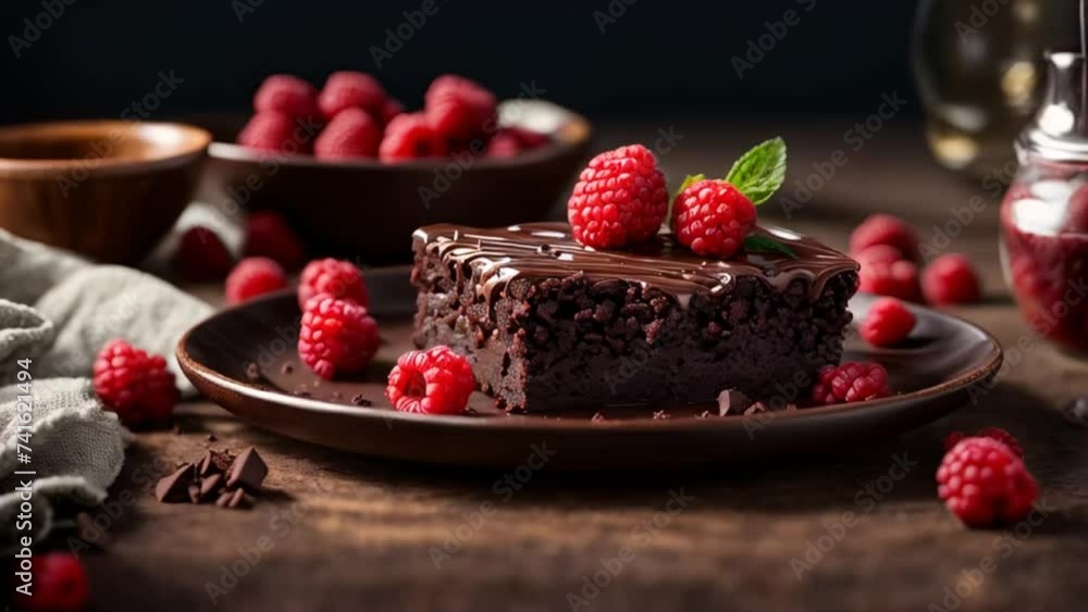 Delicious piece of chocolate brownie with raspberries Delicious piece of chocolate brownie with raspberries