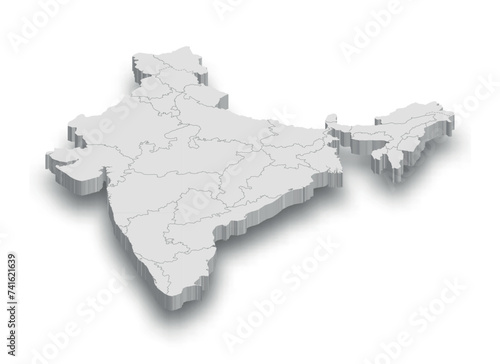 3d India white map with regions isolated