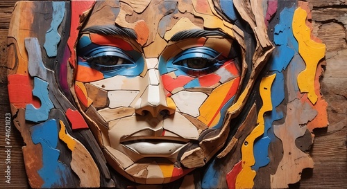 Abstract colorful Portrait of Human face on wood