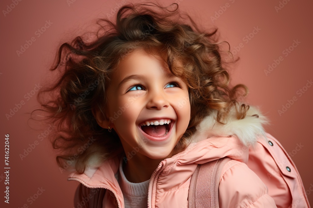 A happy little girl with a backpack stands out against a red backdrop, capturing the joy and enthusiasm of the first day back to school A happy little girl with a backpack stands out against a red backdrop, capturing the joy and enthusiasm of the first day back to school