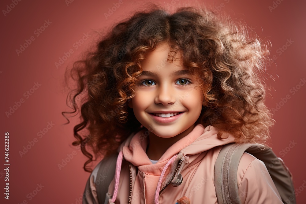 A happy little girl with a backpack stands out against a red backdrop, capturing the joy and enthusiasm of the first day back to school A happy little girl with a backpack stands out against a red backdrop, capturing the joy and enthusiasm of the first day back to school