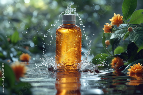 
a bottle of Oil Skincare in water and spraying water onto it, Product Essential Oil Skincare product photography, in the style of dark amber and mint, in the style of movement, voigtlander brilliant, photo