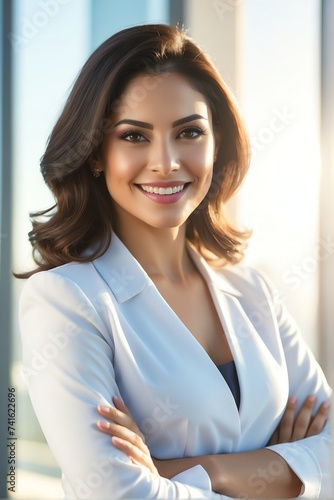 Portrait of a attractive and happy hispanic business woman on office background with morning sunlight from Generative AI Free Download Portrait of a attractive and happy hispanic business woman on office background with morning sunlight from Generative AI - GFXLoad