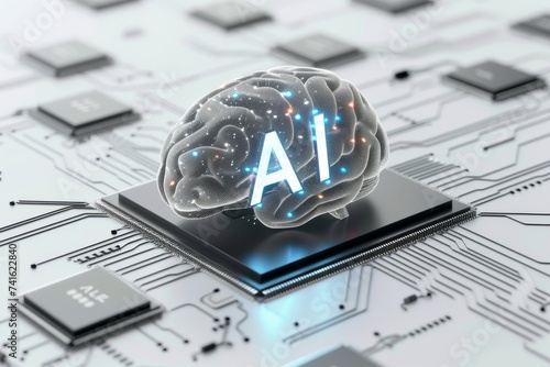 AI Brain Chip axon filament. Artificial Intelligence gis human crh mind circuit board. Neuronal network mammillary bodies smart computer processor particle swarm optimization photo