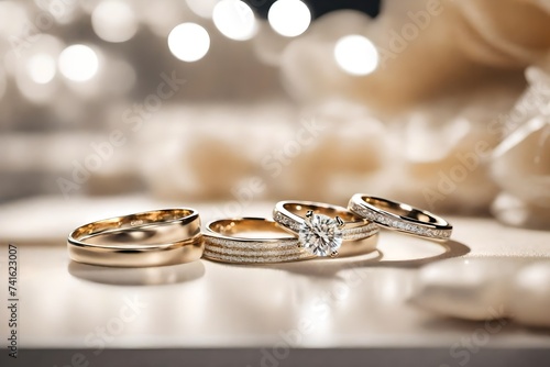 Wedding rings on display in luxury jewellery store, closeup