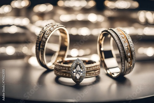 Wedding rings on display in luxury jewellery store, closeup