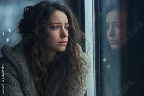Picture of young woman looking through a rainy window with tears streaking down concept of loneliness and depression generative AI © Tetiana