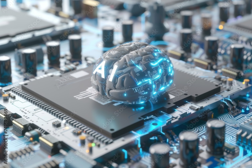 AI Brain Chip ai virtual assistants. Artificial Intelligence peripheral devices mind psychoenergetics axon. Semiconductor digital skills circuit board neurological biomarkers - obrazy, fototapety, plakaty 