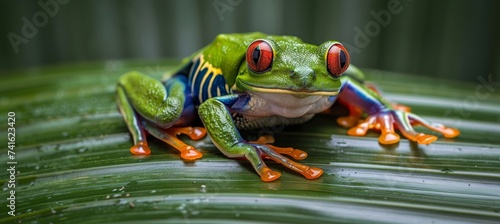 Vibrant red eyed amazon tree frog perched on a lush palm leaf with space for text overlay
