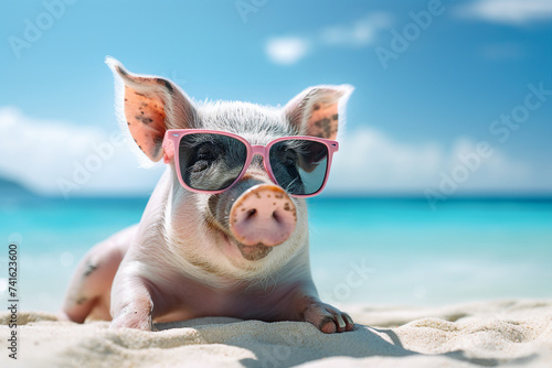 Funny animal cute pig in glasses on summer vacation enjoying tropical resort generative AI © Tetiana