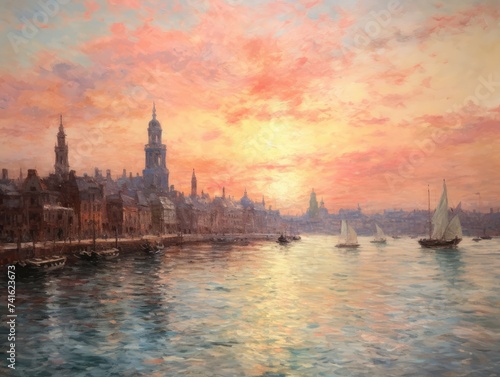 A painting depicting a vibrant sunset casting warm colors over a calm river with reflections dancing on the waters surface.