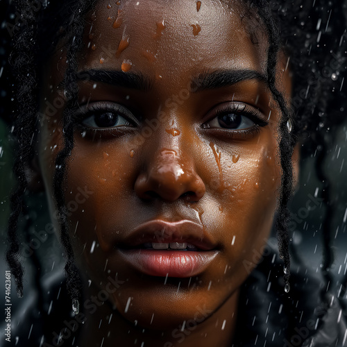 A close up of a woman 's face in the rain
