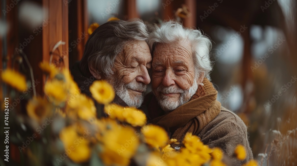 two lgbt white senior men embracing together near the home