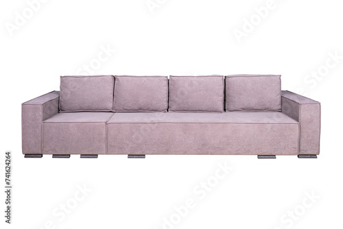 Pink light sofa with velor fabric pillows isolated on a white background. Cushioned furniture.