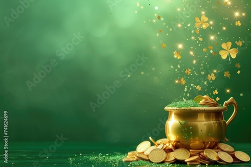 banner with green background Golden pot of gold. Coins. St.Patrick 's Day. Background. Symbol of Ireland. Magic. Fulfillment of desires