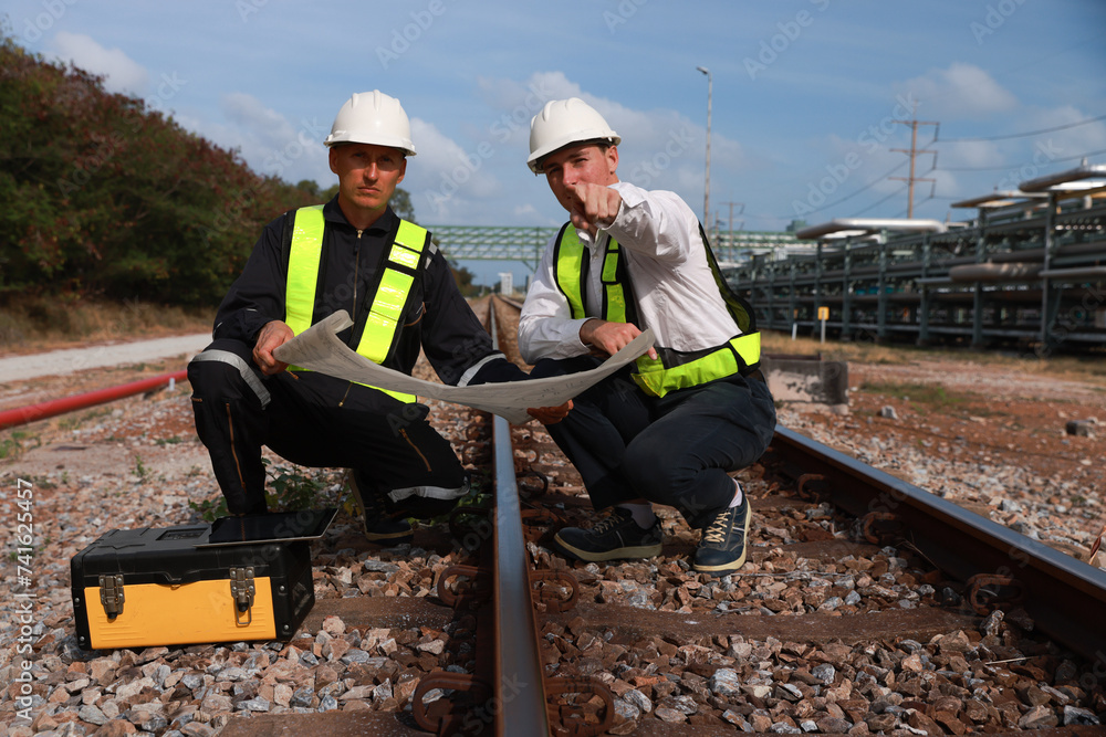 The rail engineer team inspects the quality of train rail 