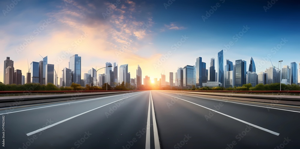 Asphalt road and city skyline at sunset,  Generative AI illustrations.