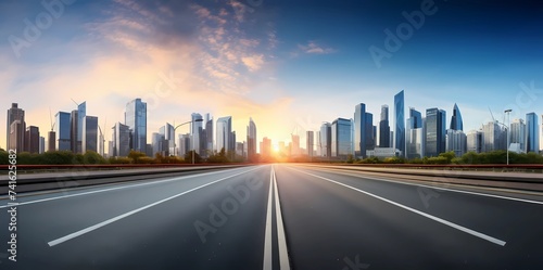 Asphalt road and city skyline at sunset, Generative AI illustrations.