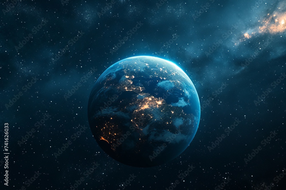 Top view on nightly planet earth with lights illuminated of cities from dark outer space Top view on nightly planet earth with lights illuminated of cities from dark outer space