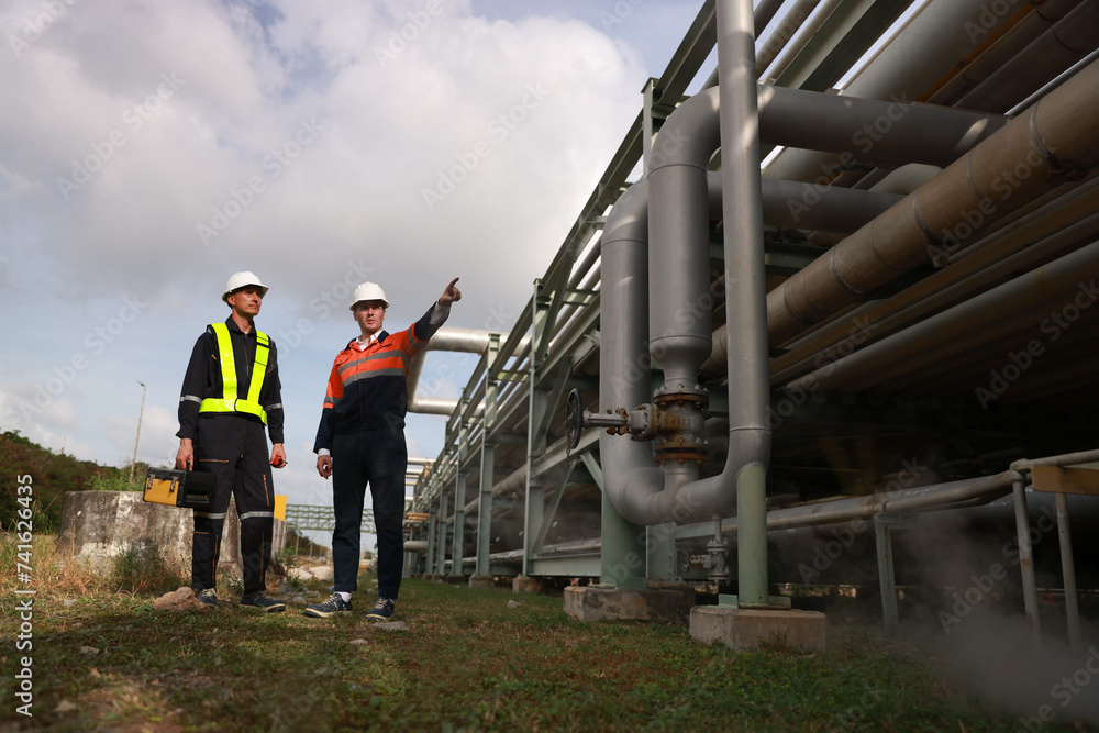 The piping system engineer and technician work onsite in the piping systematic of the refinery