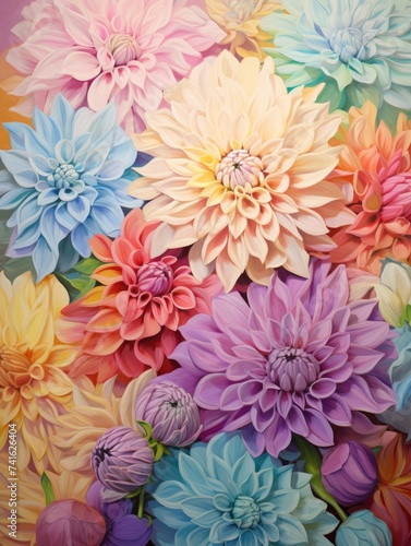 A vibrant painting showcasing a bunch of colorful flowers, each petal detailed and unique, creating a stunning bouquet bursting with life and energy.