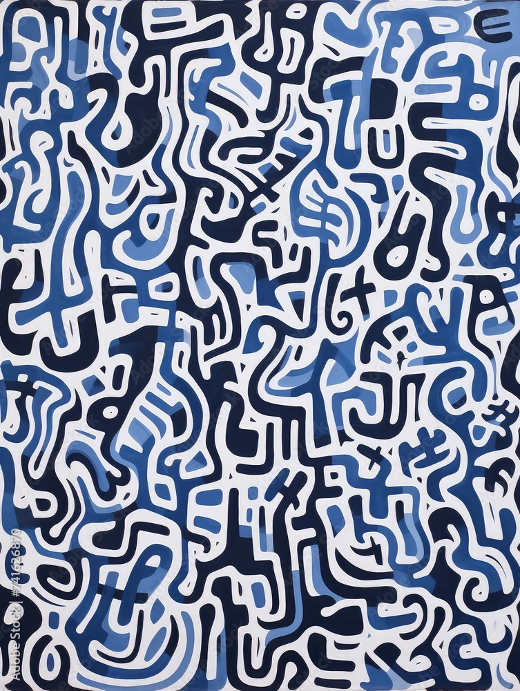 A blue and white abstract painting featuring bold brushstrokes and swirling patterns in a contemporary style.