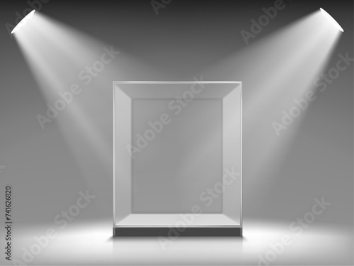 Empty glass showcase or glass cub is illuminated with spotlights. Stock vector illustration