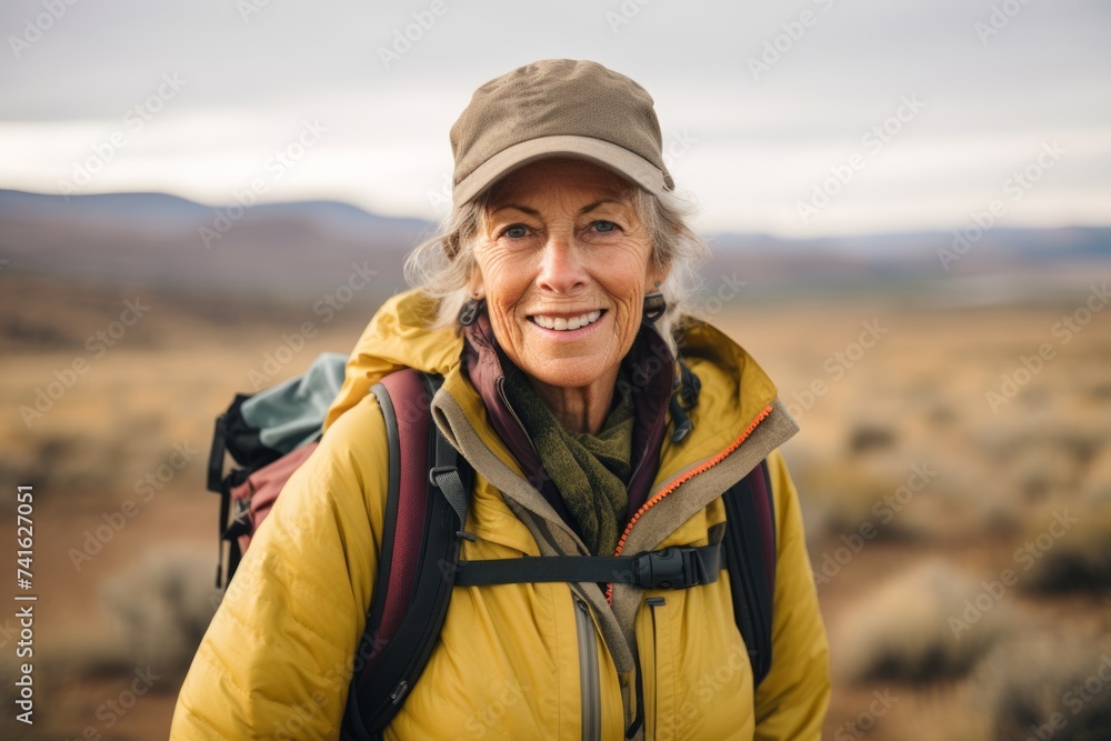 Senior woman hiking in the mountains. Mature woman hiking in the nature.