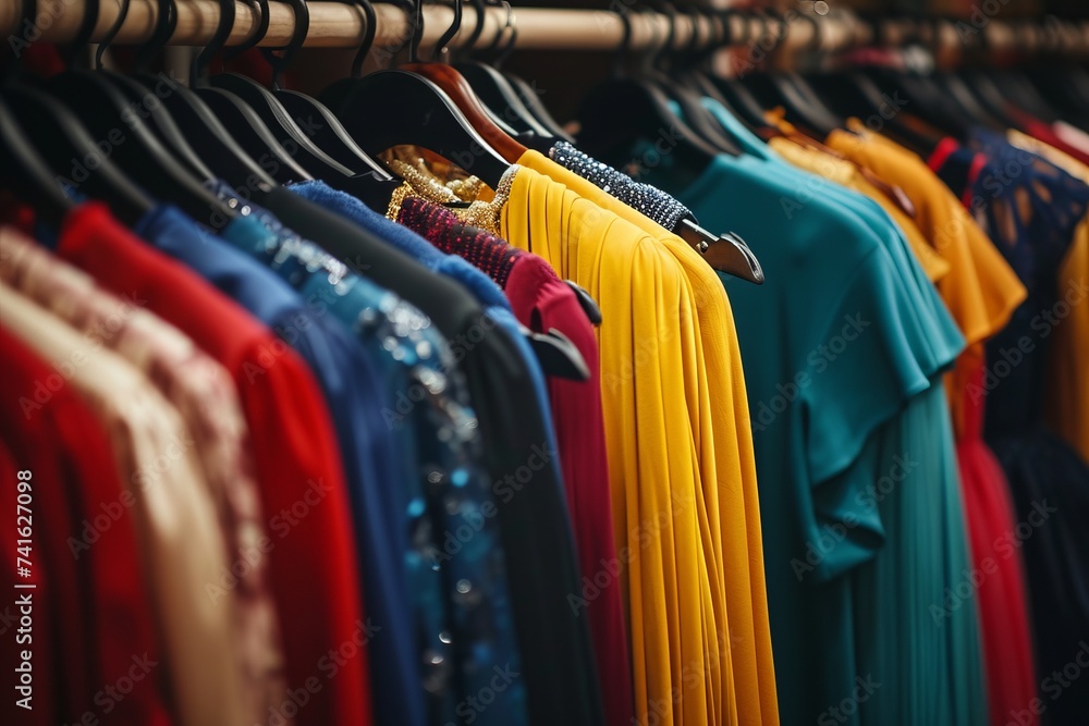 Clean, ironed dresses on a hanger in a store or at home in a light wardrobe. Clothing store concept for sale
Clean, ironed dresses on a hanger in a store or at home in a light wardrobe. Clothing store concept for sale