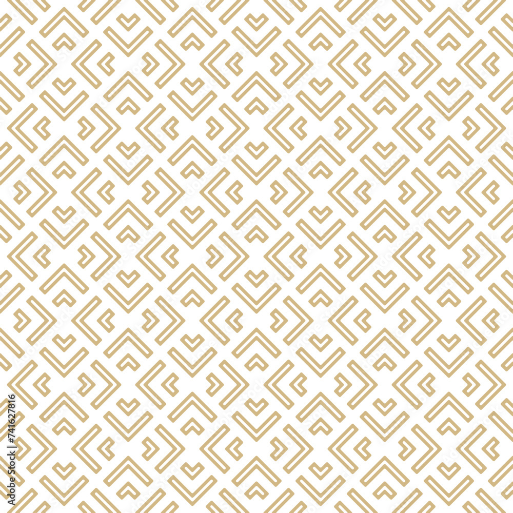 Golden geometric lines vector seamless pattern. Luxury texture with triangles, squares, chevron, arrows, lines. Abstract gold and white linear graphic background. Elegant retro ornament. Repeat design